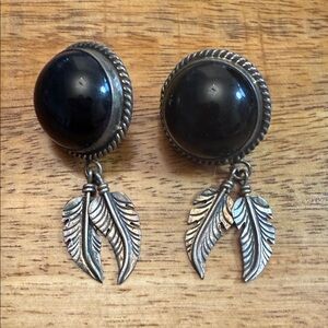 Vintage Sterling Silver Navajo Onyx Feather Dangle Earrings